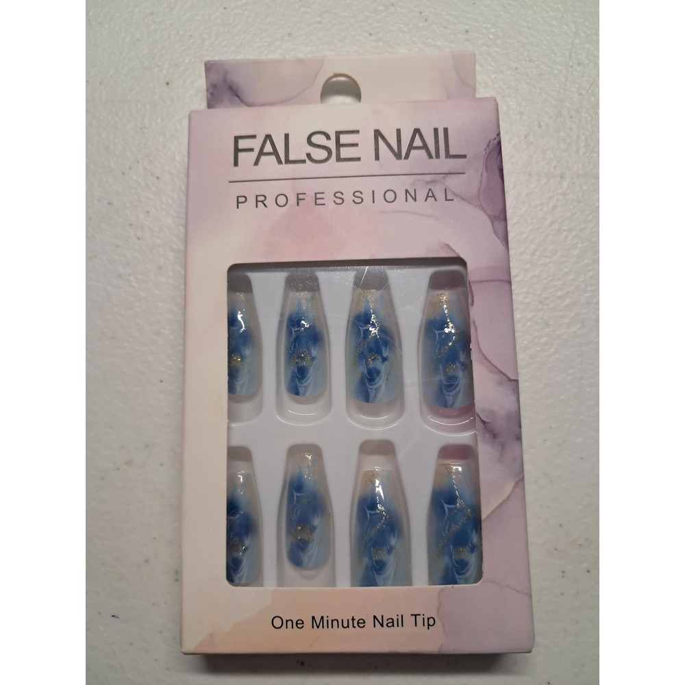 Professional‎ Blue Marble False Nails Gold Foil Coffin Long Press On Nail Kit